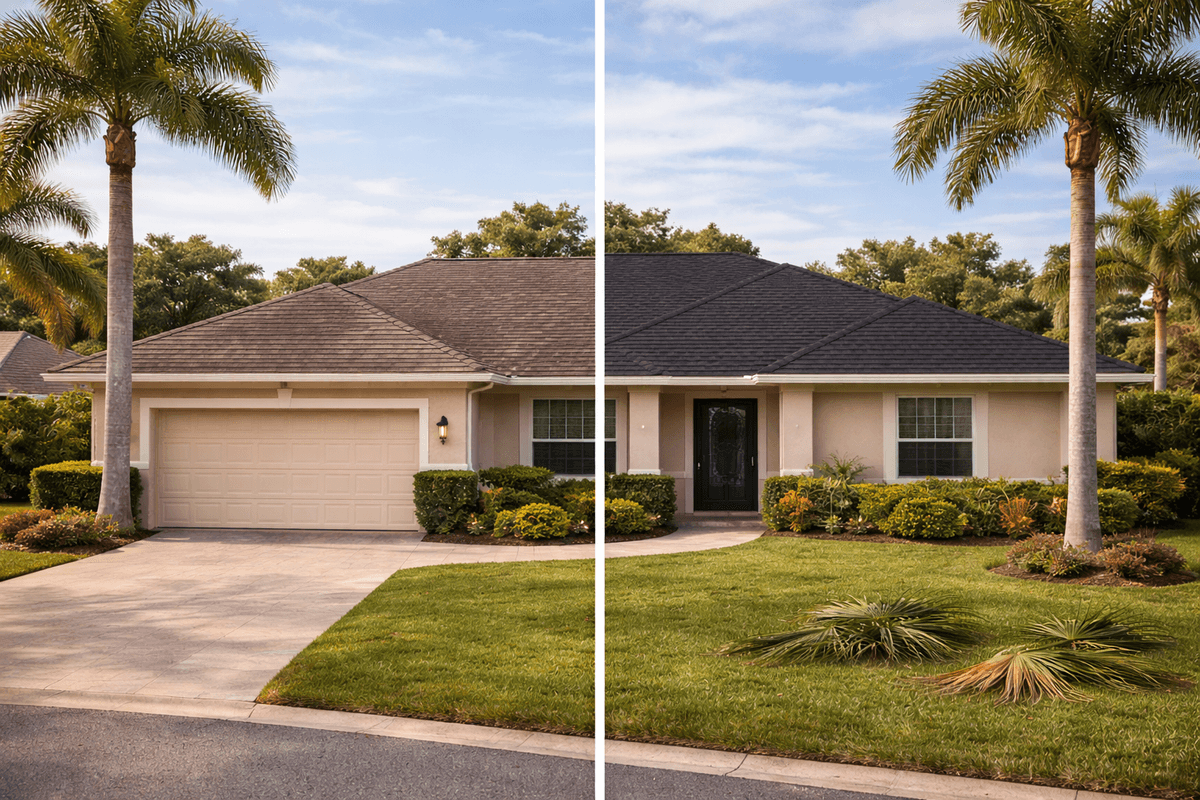 Before and after roof replacement in Tampa - Rain Right Roofing transformation