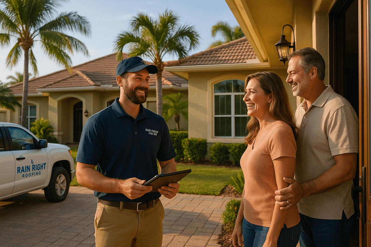 Friendly roofing consultation with homeowners